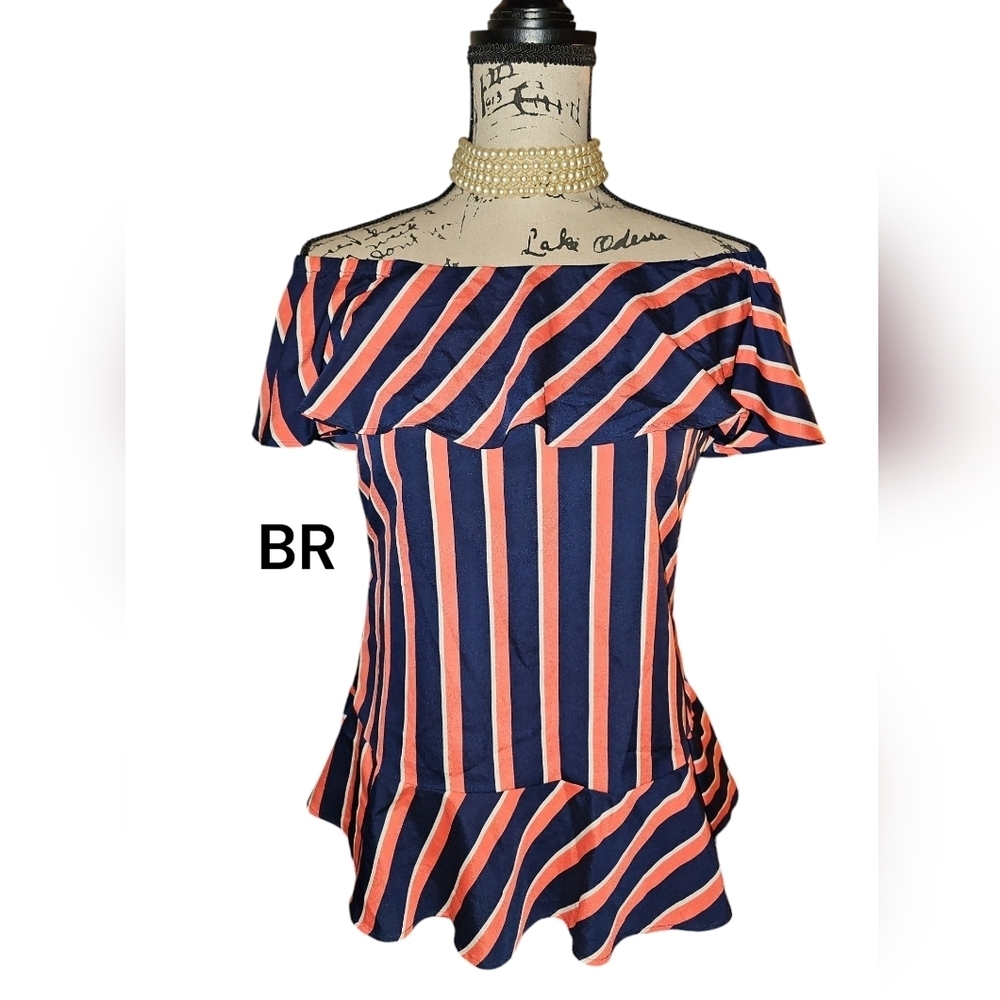 Banana Republic  Striped Off-Shoulder Top - Navy and Coral‎